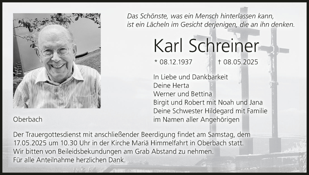  Traueranzeige für Karl Schreiner vom 14.05.2025 aus MGO