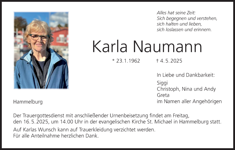  Traueranzeige für Karla Naumann vom 10.05.2025 aus MGO