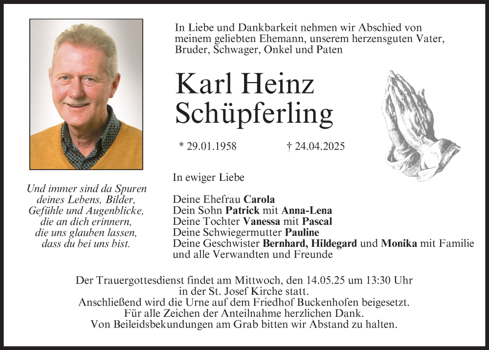  Traueranzeige für Karl Heinz Schüpferling vom 10.05.2025 aus MGO
