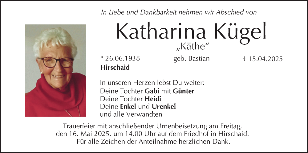  Traueranzeige für Katharina Kügel vom 10.05.2025 aus MGO