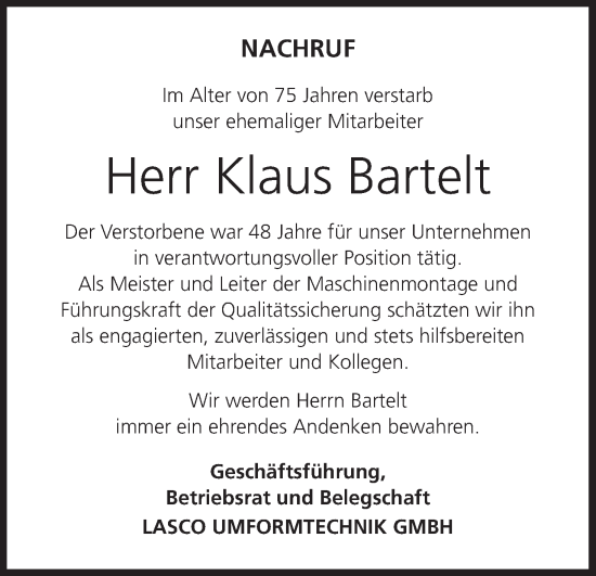 Anzeige von Klaus Bartelt von MGO