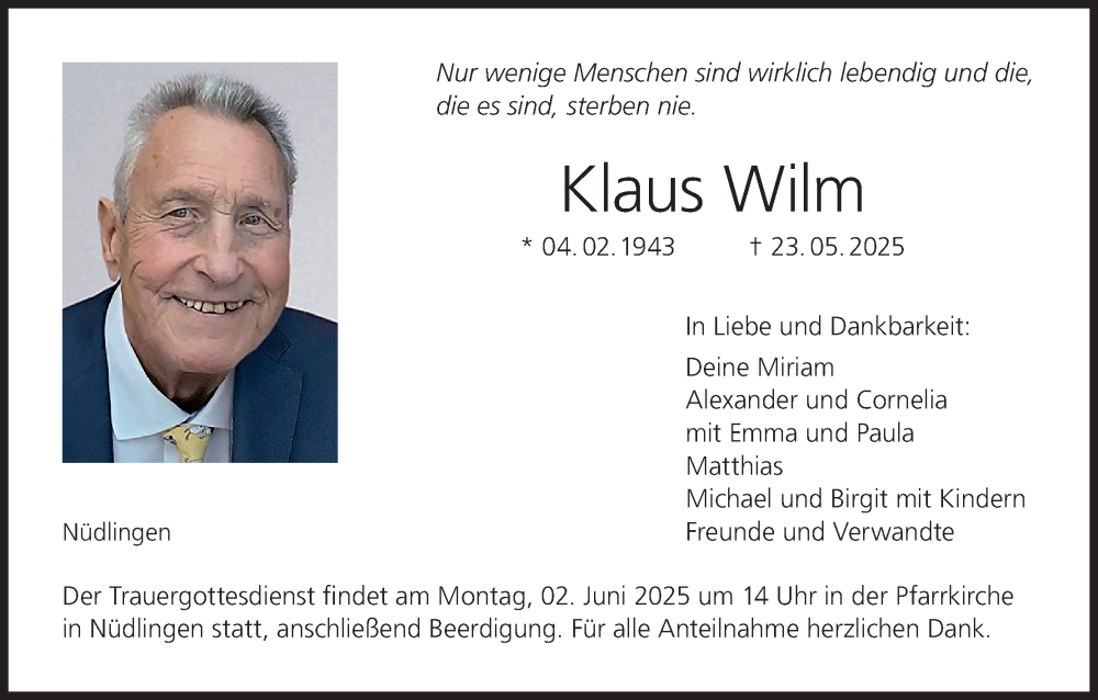  Traueranzeige für Klaus Wilm vom 28.05.2025 aus MGO
