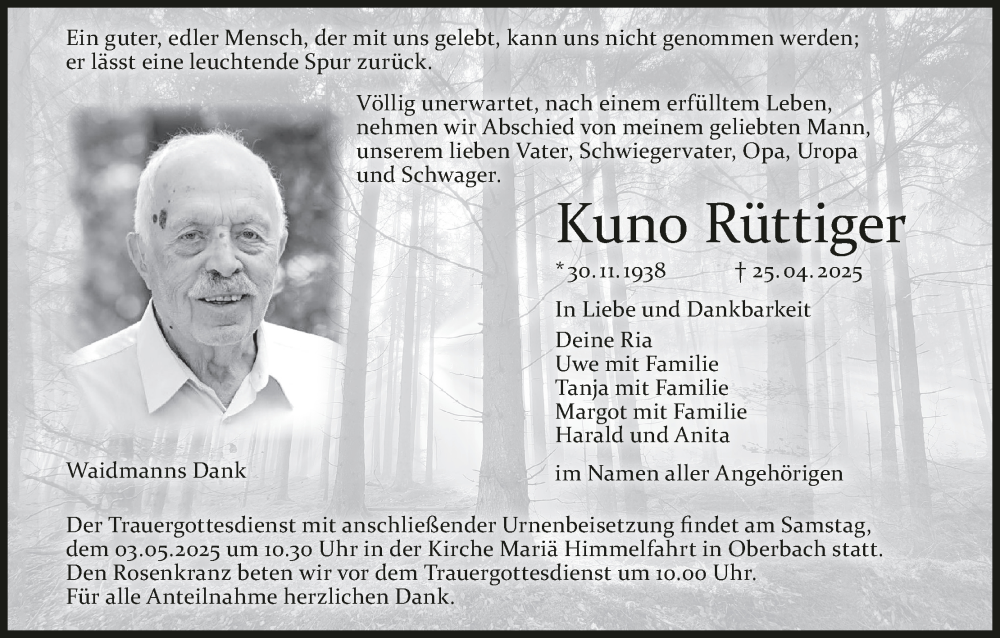  Traueranzeige für Kuno Rüttiger vom 30.04.2025 aus MGO