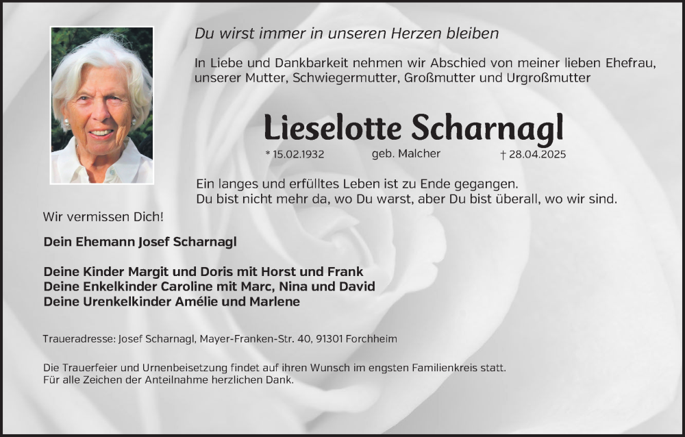  Traueranzeige für Lieselotte Scharnagl vom 10.05.2025 aus MGO