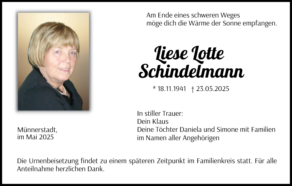  Traueranzeige für Liese Lotte Schindelmann vom 31.05.2025 aus MGO