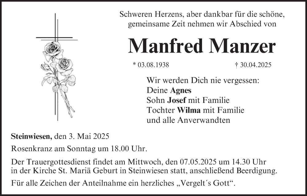  Traueranzeige für Manfred Manzer vom 03.05.2025 aus MGO