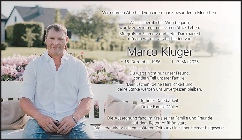 Traueranzeige für Marco Kluger vom 31.05.2025 aus MGO