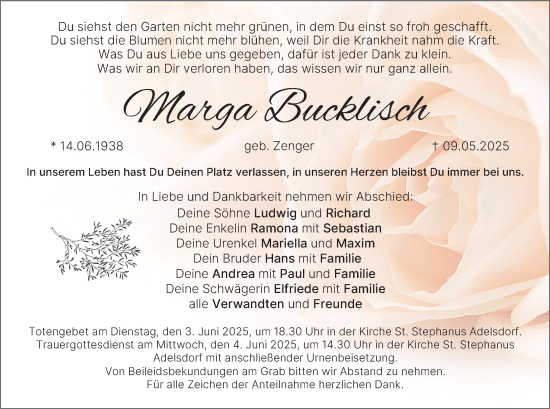 Anzeige von Marga Bucklisch von MGO