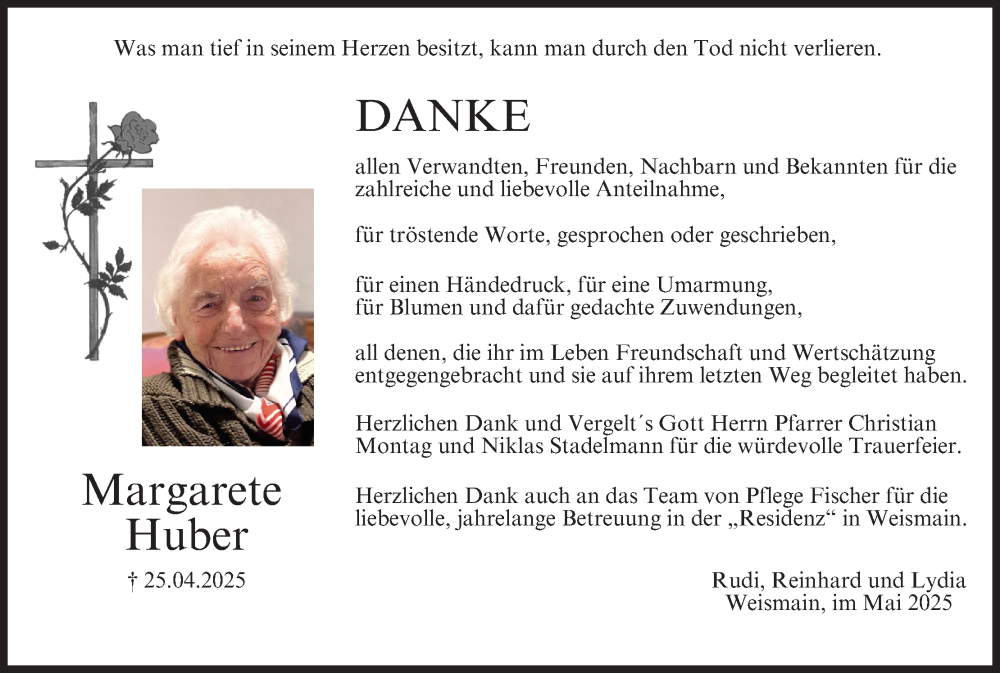  Traueranzeige für Margarete Huber vom 31.05.2025 aus MGO