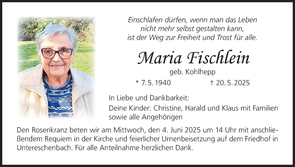  Traueranzeige für Maria Fischlein vom 31.05.2025 aus MGO