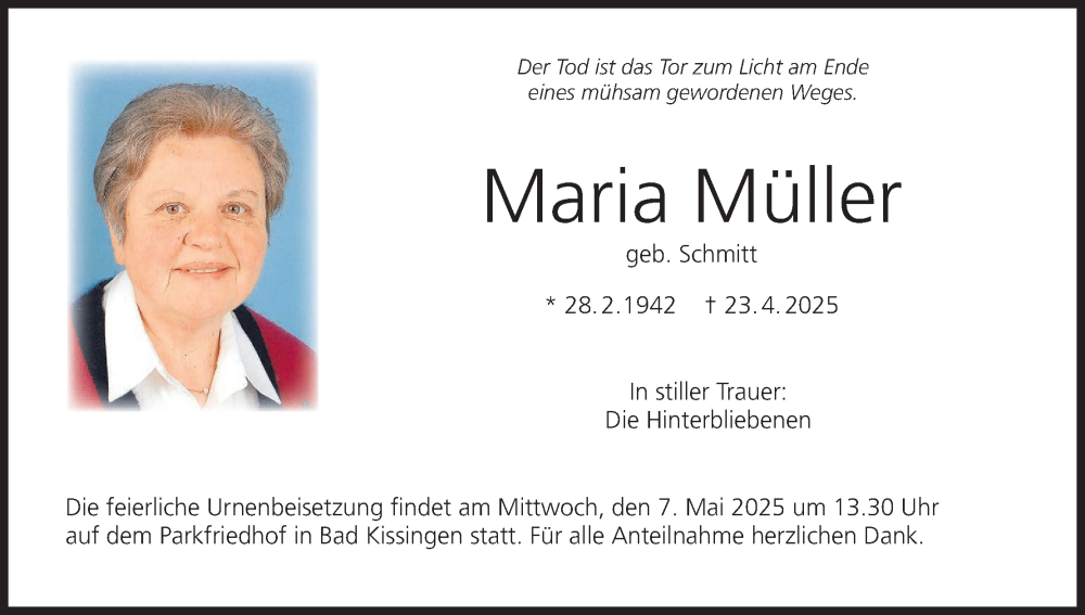  Traueranzeige für Maria Müller vom 03.05.2025 aus MGO