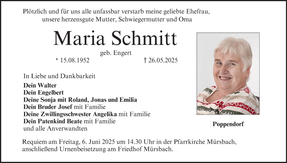  Traueranzeige für Maria Schmitt vom 31.05.2025 aus MGO