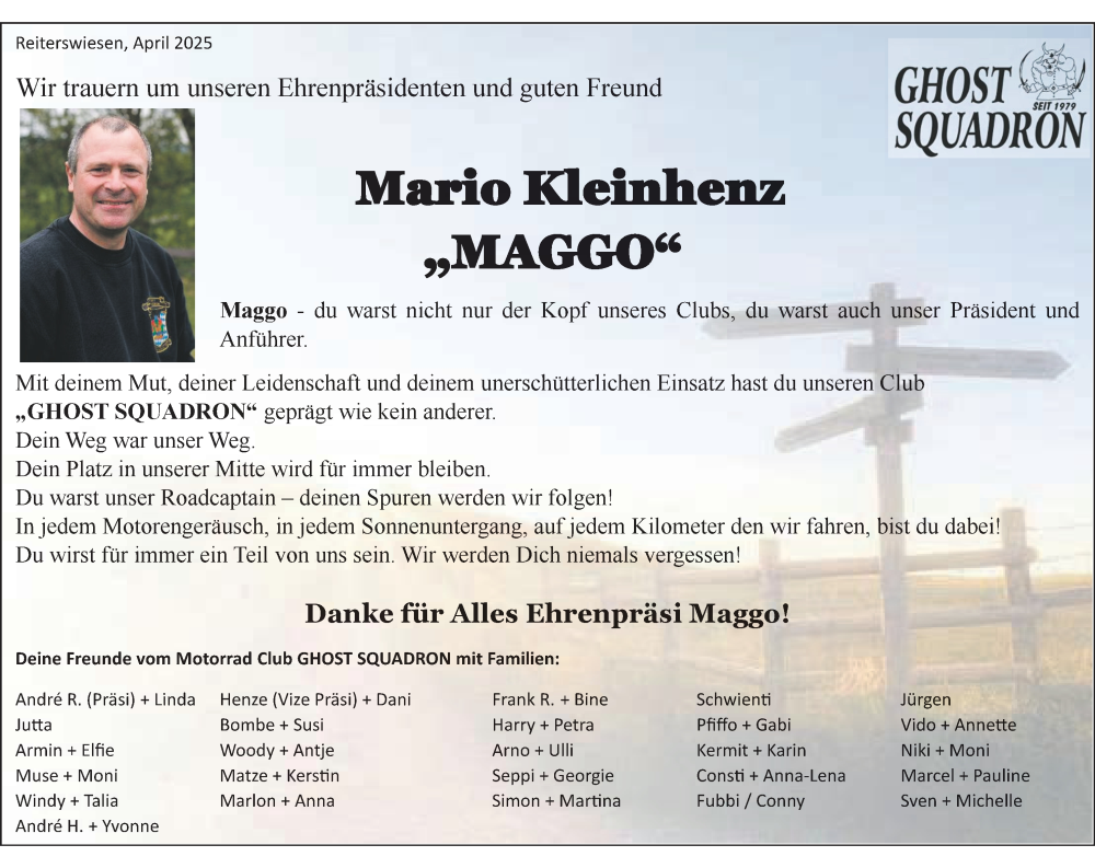  Traueranzeige für Mario Kleinhenz vom 03.05.2025 aus MGO