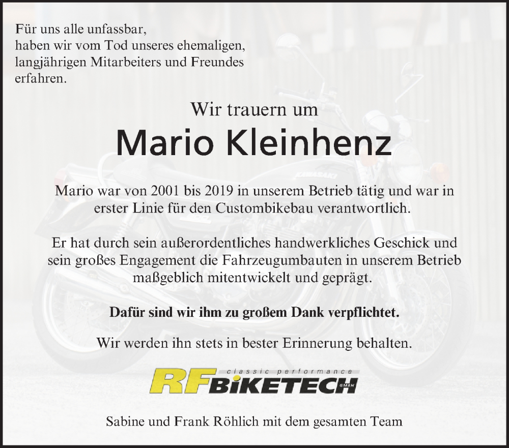  Traueranzeige für Mario Kleinhenz vom 03.05.2025 aus MGO