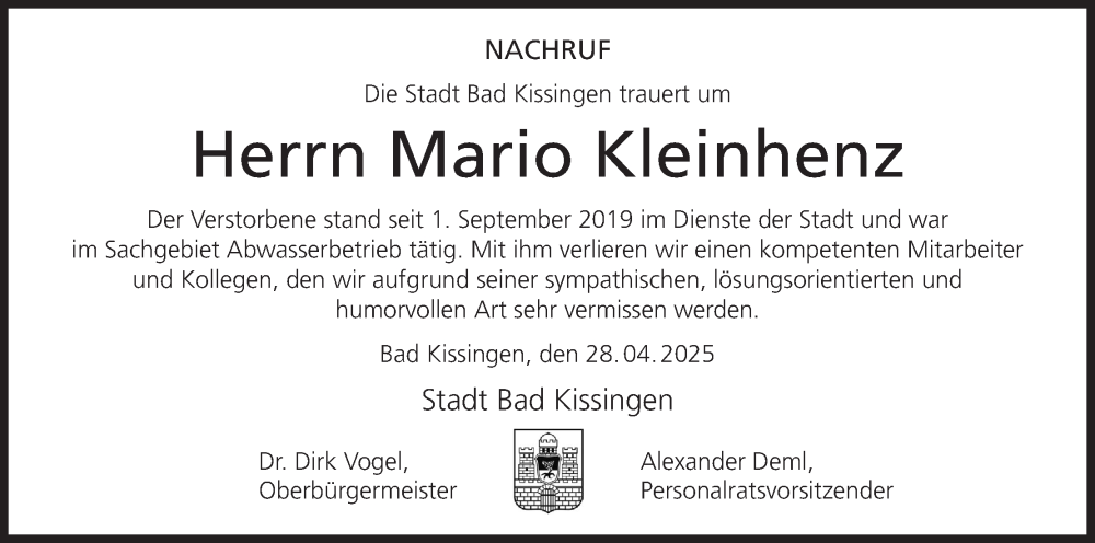  Traueranzeige für Mario Kleinhenz vom 30.04.2025 aus MGO