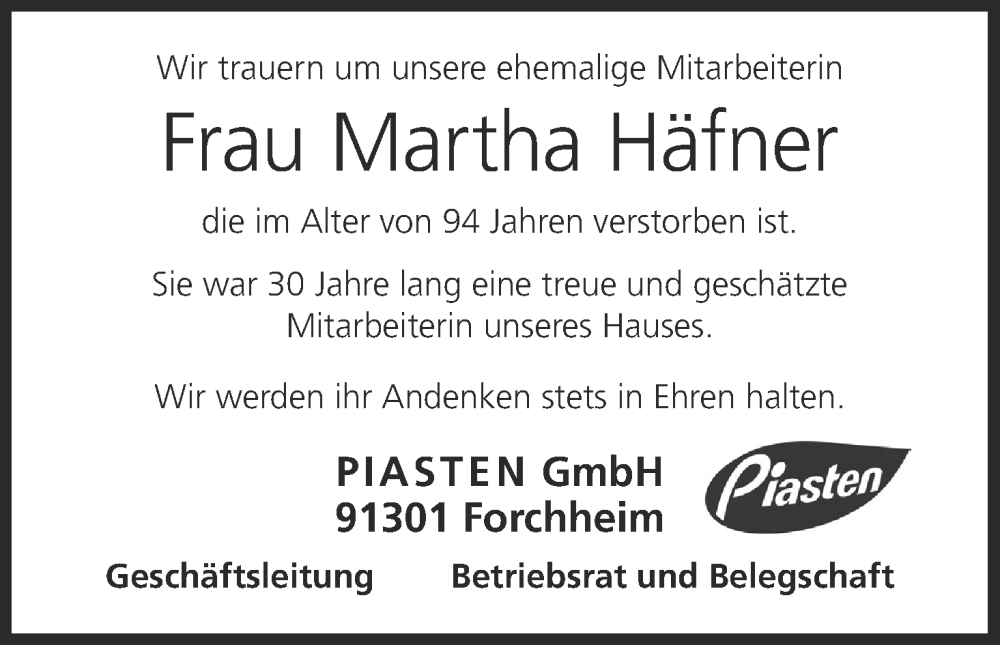  Traueranzeige für Martha Häfner vom 05.05.2025 aus MGO