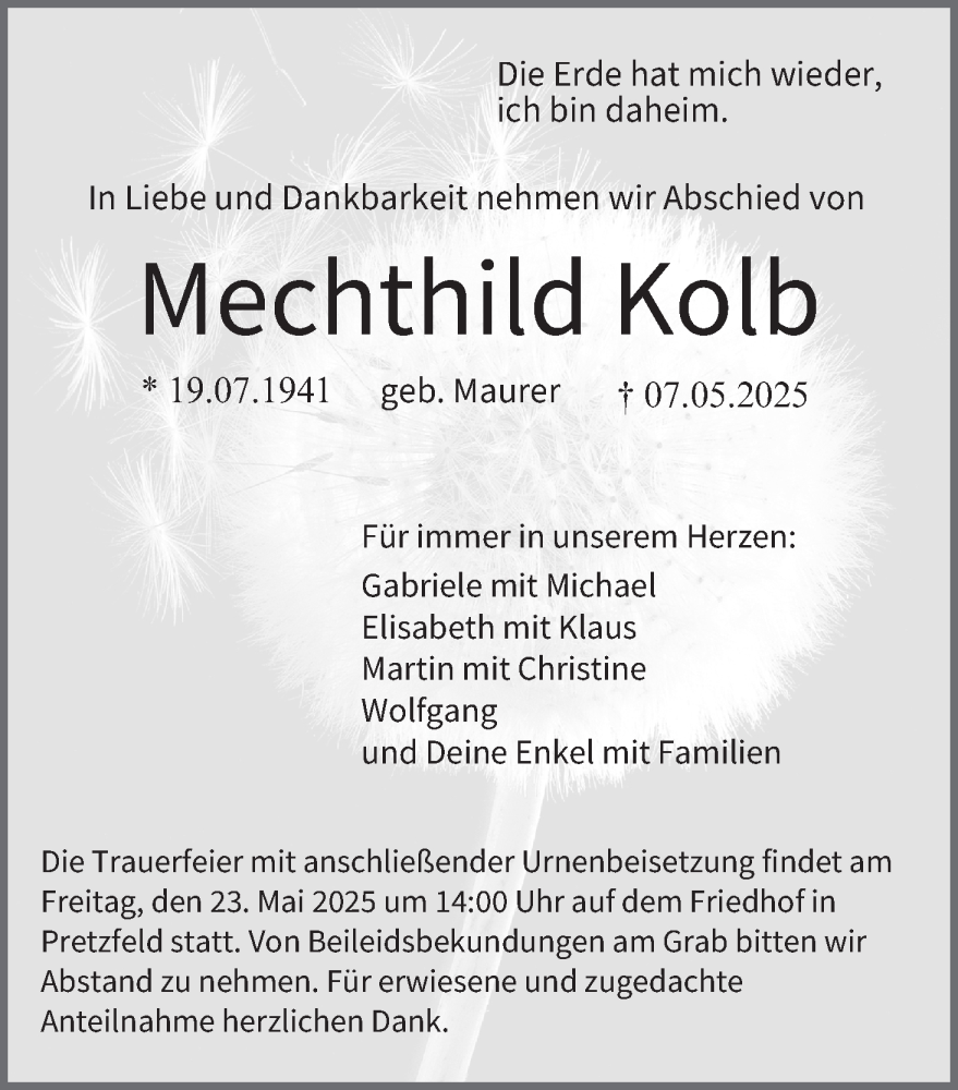  Traueranzeige für Mechthild Kolb vom 17.05.2025 aus MGO