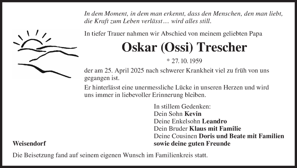  Traueranzeige für Oskar Trescher vom 20.05.2025 aus MGO