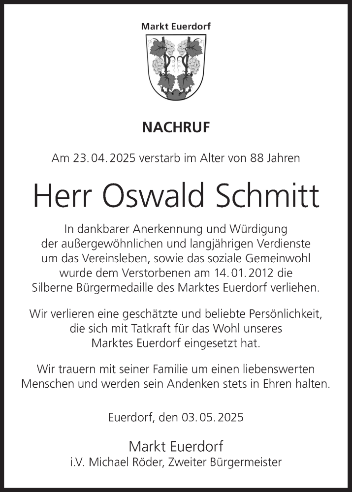  Traueranzeige für Oswald Schmitt vom 03.05.2025 aus MGO