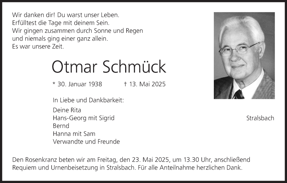  Traueranzeige für Otmar Schmück vom 17.05.2025 aus MGO