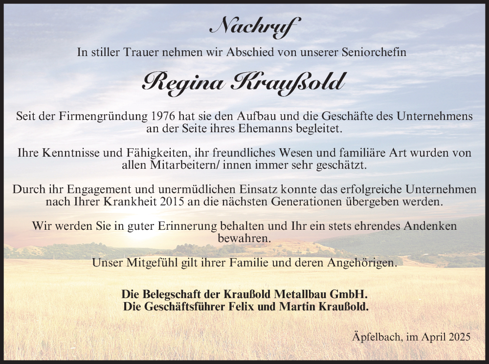  Traueranzeige für Regina Kraußold vom 03.05.2025 aus MGO