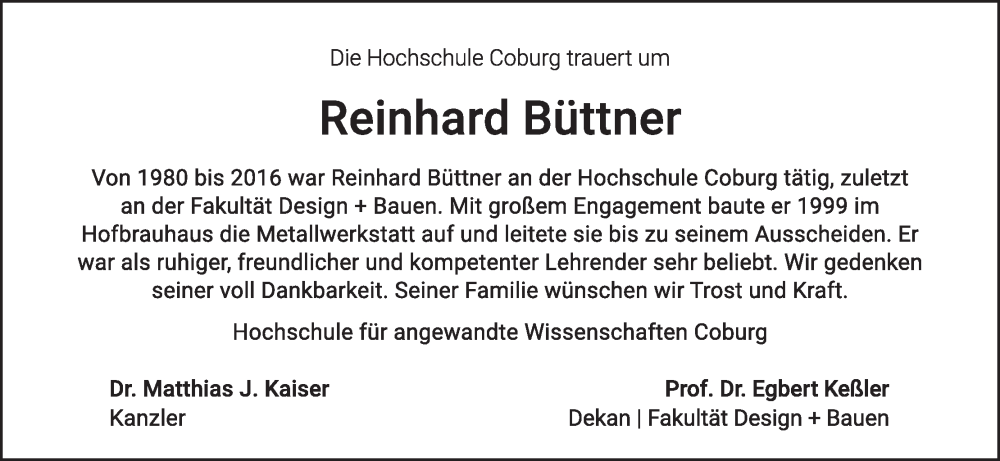  Traueranzeige für Reinhard Büttner vom 17.05.2025 aus MGO