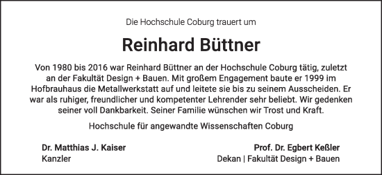 Anzeige von Reinhard Büttner von MGO