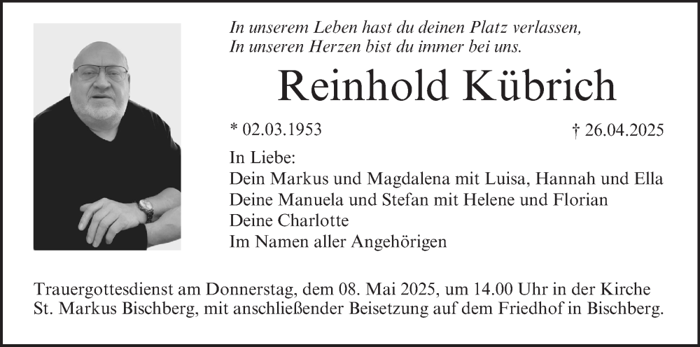  Traueranzeige für Reinhold Kübrich vom 03.05.2025 aus MGO