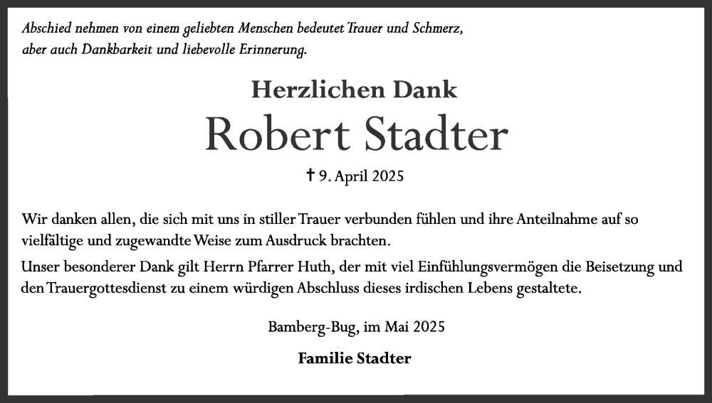  Traueranzeige für Robert Stadter vom 10.05.2025 aus MGO