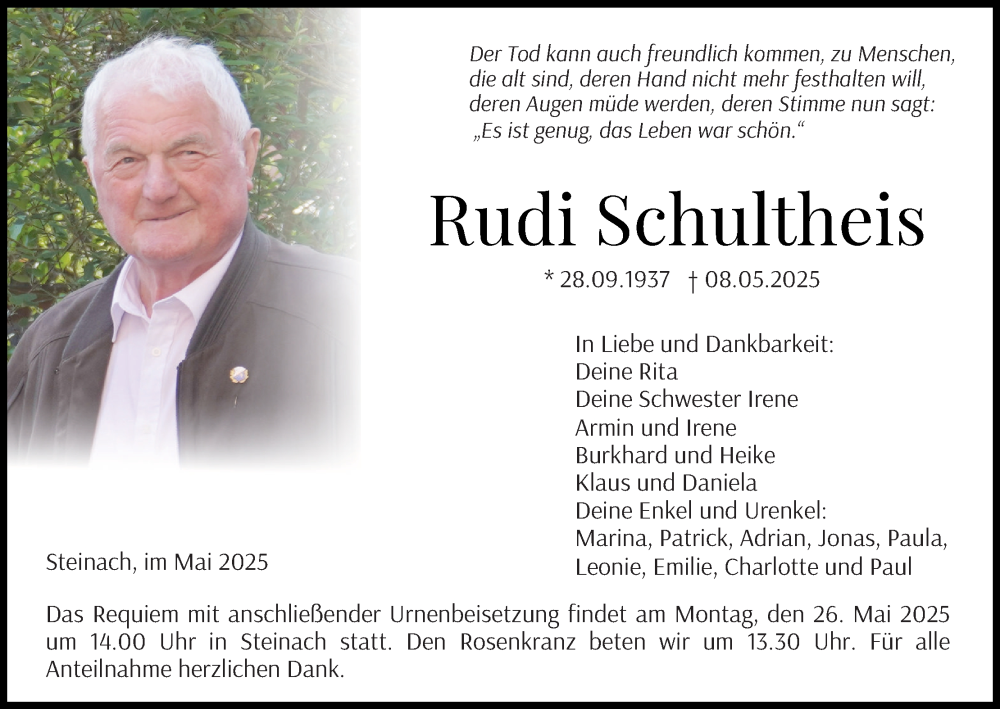  Traueranzeige für Rudi Schultheis vom 17.05.2025 aus MGO