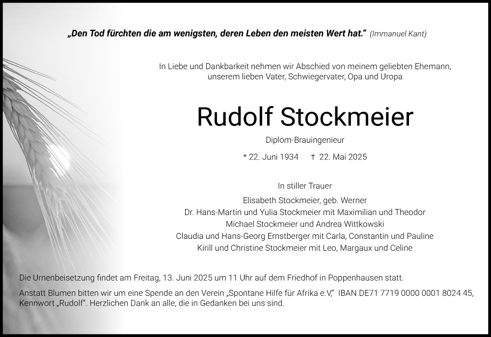  Traueranzeige für Rudolf Stockmeier vom 31.05.2025 aus MGO