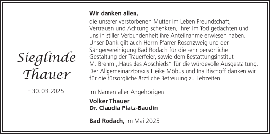 Anzeige von Sieglinde Thauer von MGO