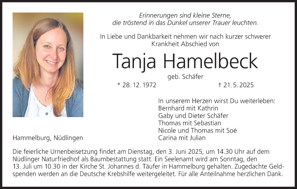  Traueranzeige für Tanja Hamelbeck vom 31.05.2025 aus MGO