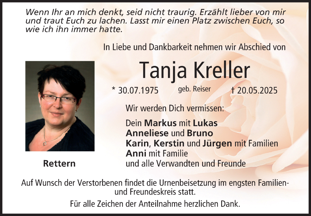  Traueranzeige für Tanja Kreller vom 31.05.2025 aus MGO