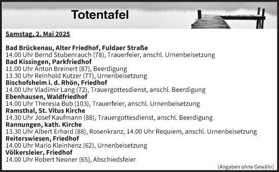 Anzeige von Totentafel 02.05.2025 von MGO