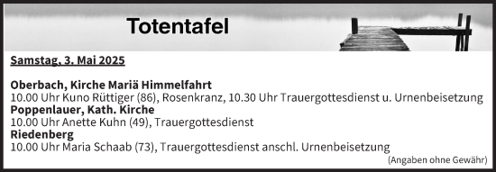 Anzeige von Totentafel vom 03.05.2025 von MGO