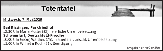 Anzeige von Totentafel vom 07.05.2025 von MGO