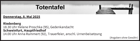 Anzeige von Totentafel vom 08.05.2025 von MGO