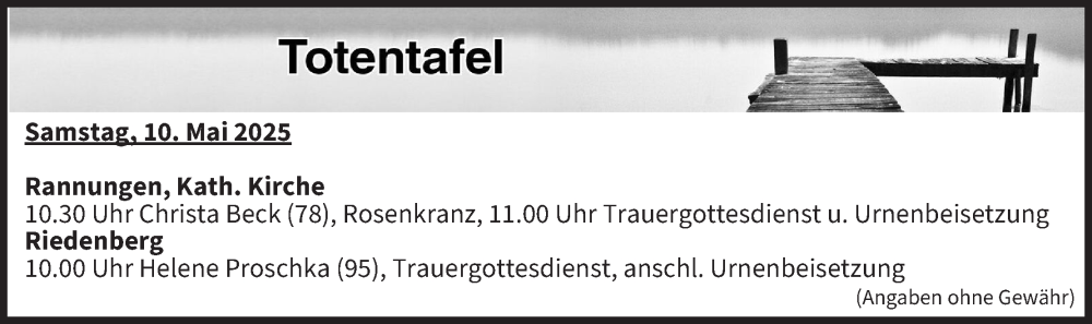  Traueranzeige für Totentafel vom 10.05.2025 vom 10.05.2025 aus MGO