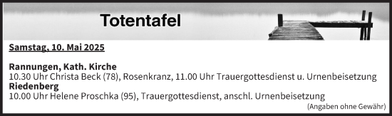 Anzeige von Totentafel vom 10.05.2025 von MGO