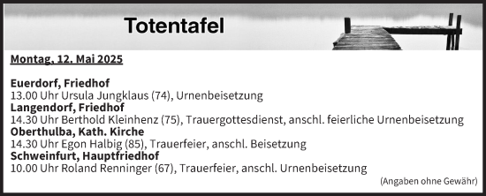 Anzeige von Totentafel vom 12.05.2025 von MGO