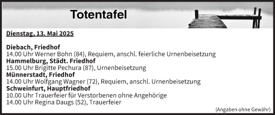 Anzeige von Totentafel vom 13.05.2025 von MGO