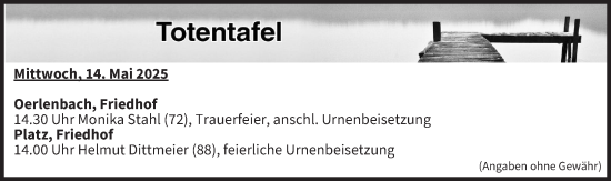 Anzeige von Totentafel vom 14.05.2025 von MGO
