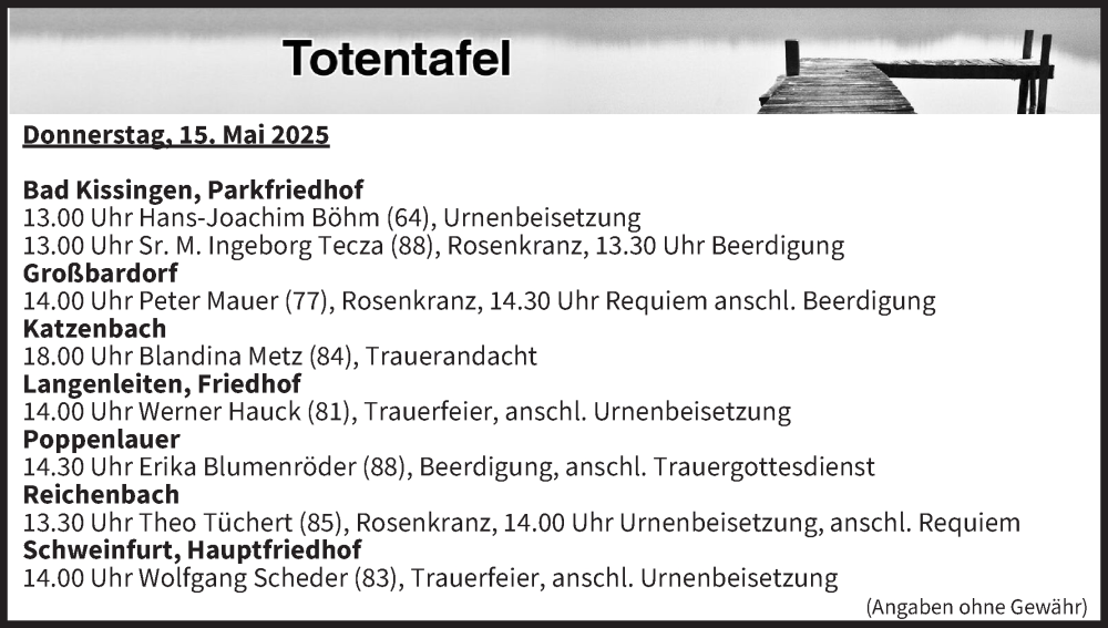 Traueranzeige für Totentafel vom 15.05.2025 vom 15.05.2025 aus MGO
