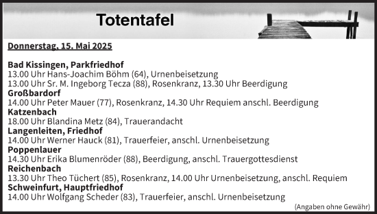 Anzeige von Totentafel vom 15.05.2025 von MGO