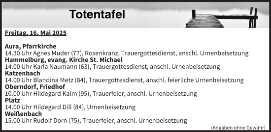 Anzeige von Totentafel vom 16.05.2025 von MGO