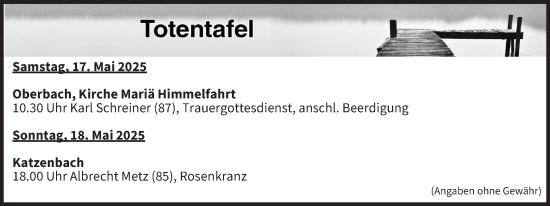 Anzeige von Totentafel vom 17.05.2025 von MGO