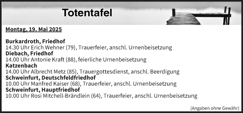  Traueranzeige für Totentafel vom 19.05.2025 vom 19.05.2025 aus MGO