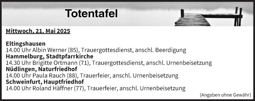  Traueranzeige für Totentafel vom 21.05.2025 vom 21.05.2025 aus MGO