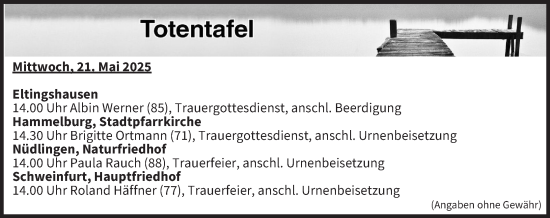 Anzeige von Totentafel vom 21.05.2025 von MGO